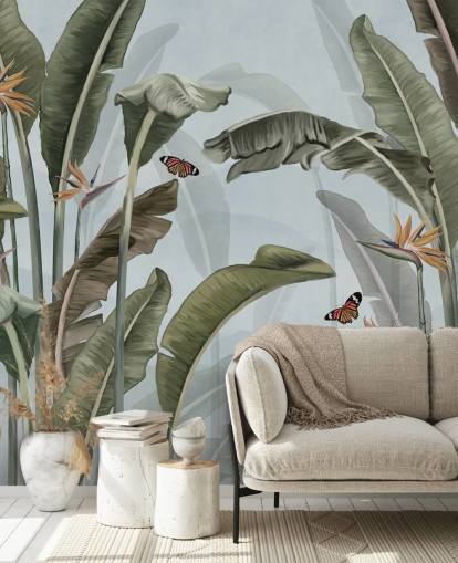 papier peint mural de la jungle bleue et verte appelé Palm Trees and Butterflies Blue at Wallsauce papier peint mural de la jungle bleue et verte appelé Palm Trees and Butterflies Blue at Wallsauce