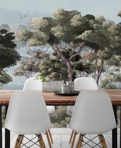 blauwe en groene bosbehangmuurschildering genaamd Vintage Forest Landscape Blue at Wallsauce voor slaapkamers en woonkamers blauwe en groene bosbehangmuurschildering genaamd Vintage Forest Landscape Blue at Wallsauce voor slaapkamers en woonkamers