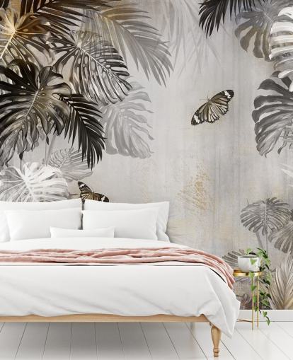 grått jungel tapetmaleri kalt Butterflies in the Palm Trees på Wallsauce for bad, kjøkken og ganger grått jungel tapetmaleri kalt Butterflies in the Palm Trees på Wallsauce for bad, kjøkken og ganger