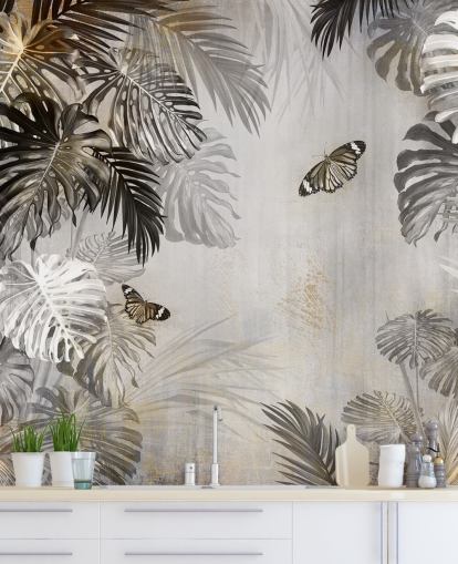 grå jungle tapetmaleri kaldet Sommerfugle i palmerne på Wallsauce til badeværelser, køkkener og gange grå jungle tapetmaleri kaldet Sommerfugle i palmerne på Wallsauce til badeværelser, køkkener og gange