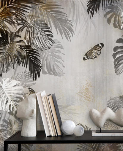 grått jungel tapetmaleri kalt Butterflies in the Palm Trees på Wallsauce for bad, kjøkken og ganger grått jungel tapetmaleri kalt Butterflies in the Palm Trees på Wallsauce for bad, kjøkken og ganger