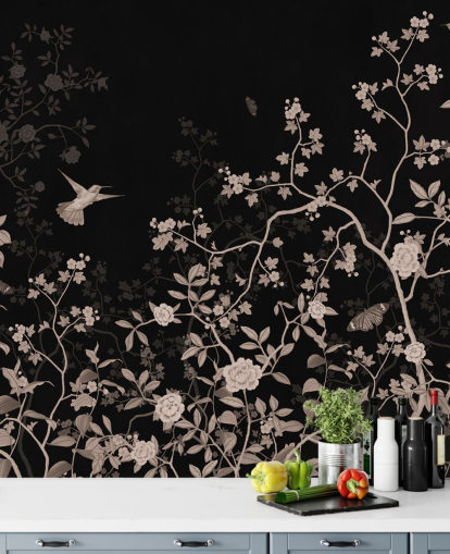 mörk djungel tapet som heter Dark Birds and Butterflies på Wallsauce för sovrum, vardagsrum och badrum mörk djungel tapet som heter Dark Birds and Butterflies på Wallsauce för sovrum, vardagsrum och badrum