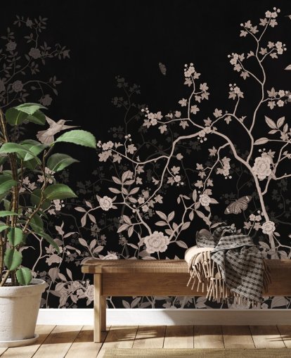 donker junglebehang genaamd Dark Birds and Butterflies at Wallsauce voor slaapkamers, woonkamers en badkamers donker junglebehang genaamd Dark Birds and Butterflies at Wallsauce voor slaapkamers, woonkamers en badkamers
