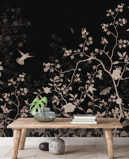 papel de parede de selva escura chamado Dark Birds and Butterflies at Wallsauce para quartos, salas de estar e banheiros papel de parede de selva escura chamado Dark Birds and Butterflies at Wallsauce para quartos, salas de estar e banheiros