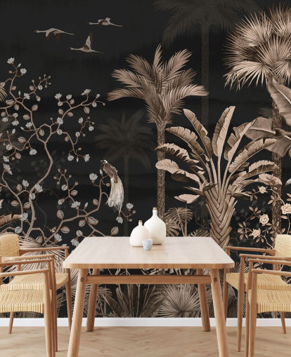 dark chinoiserie wallpaper mural called Hanging Tropical Palm Trees Blue for living rooms and bedrooms dark chinoiserie wallpaper mural called Hanging Tropical Palm Trees Blue for living rooms and bedrooms