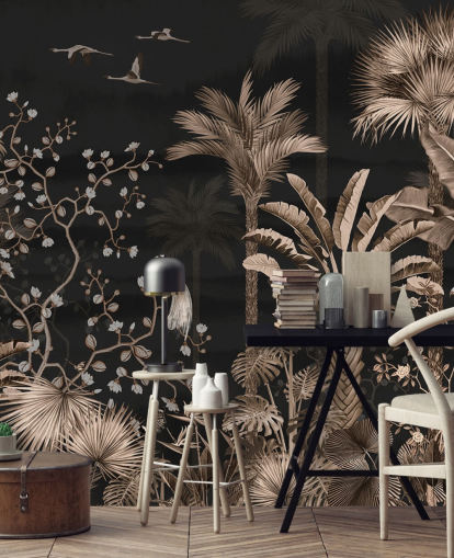 mural de papel pintado de chinoiserie oscuro llamado Hanging Tropical Palm Trees Blue para salas de estar y dormitorios mural de papel pintado de chinoiserie oscuro llamado Hanging Tropical Palm Trees Blue para salas de estar y dormitorios