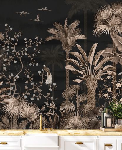 mörk chinoiserie tapetväggmålning kallad Hanging Tropical Palm Trees Blue för vardagsrum och sovrum mörk chinoiserie tapetväggmålning kallad Hanging Tropical Palm Trees Blue för vardagsrum och sovrum