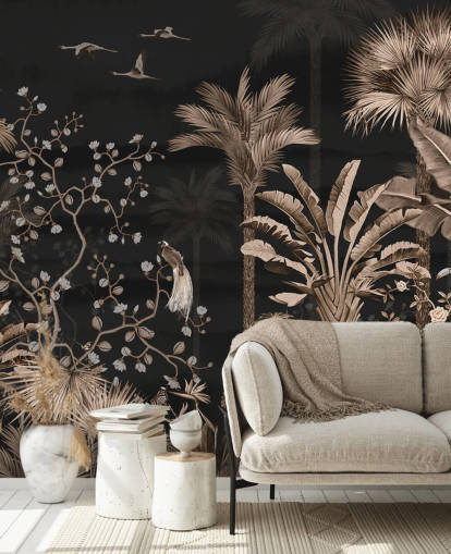papier peint mural en chinoiserie foncée appelé Hanging Tropical Palm Trees Blue pour les salons et les chambres papier peint mural en chinoiserie foncée appelé Hanging Tropical Palm Trees Blue pour les salons et les chambres