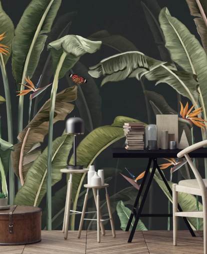 mörk palm tapet kallad Palm Trees and Butterflies Dark at Wallsauce för sovrum mörk palm tapet kallad Palm Trees and Butterflies Dark at Wallsauce för sovrum