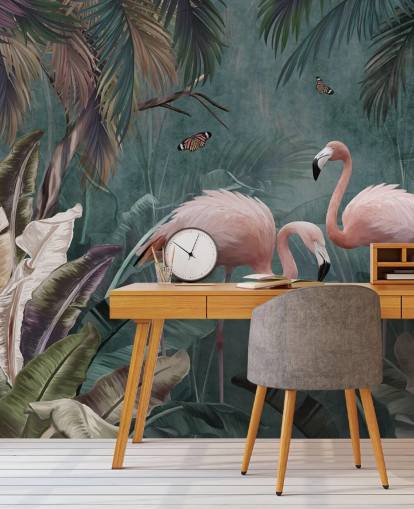 blå flamingo tapetmaleri kalt Flamingo Couple in the Jungle Blue på Wallsauce for soverom og stuer blå flamingo tapetmaleri kalt Flamingo Couple in the Jungle Blue på Wallsauce for soverom og stuer