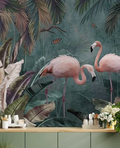 mural de papel pintado de flamencos azules llamado Flamingo Couple in the Jungle Blue at Wallsauce para dormitorios y salas de estar mural de papel pintado de flamencos azules llamado Flamingo Couple in the Jungle Blue at Wallsauce para dormitorios y salas de estar