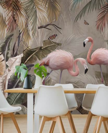 flamingo tapetmaleri kalt Flamingo Couple in the Jungle at Wallsauce for soverom og spiserom flamingo tapetmaleri kalt Flamingo Couple in the Jungle at Wallsauce for soverom og spiserom