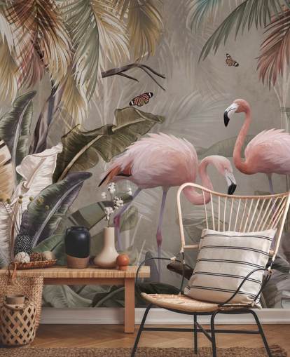 flamingo-taustakuvamaalaus nimeltä Flamingo Couple in the Jungle at Wallsaucessa makuuhuoneisiin ja ruokasaleihin flamingo-taustakuvamaalaus nimeltä Flamingo Couple in the Jungle at Wallsaucessa makuuhuoneisiin ja ruokasaleihin