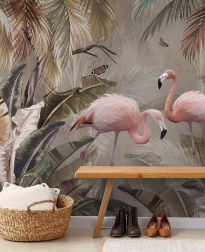 mural de papel de parede flamingo chamado Flamingo Couple in the Jungle at Wallsauce para quartos e salas de jantar mural de papel de parede flamingo chamado Flamingo Couple in the Jungle at Wallsauce para quartos e salas de jantar
