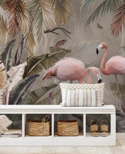 flamingo wallpaper mural called Flamingo Couple in the Jungle at Wallsauce for bedrooms and dining rooms flamingo wallpaper mural called Flamingo Couple in the Jungle at Wallsauce for bedrooms and dining rooms