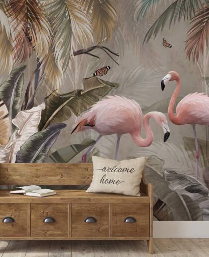 flamingo muurschildering genaamd Flamingo Couple in the Jungle at Wallsauce voor slaapkamers en eetkamers flamingo muurschildering genaamd Flamingo Couple in the Jungle at Wallsauce voor slaapkamers en eetkamers