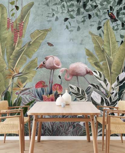 papier peint mural de la jungle bleue appelé Flamingos in the Jungle Blue at Wallsauce pour chambres et salles de bain papier peint mural de la jungle bleue appelé Flamingos in the Jungle Blue at Wallsauce pour chambres et salles de bain