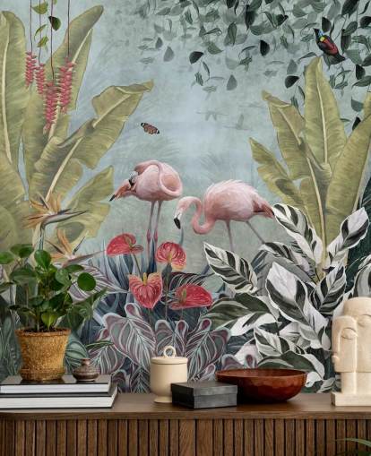 blå jungel tapetmaleri kalt Flamingos in the Jungle Blue på Wallsauce for soverom og bad blå jungel tapetmaleri kalt Flamingos in the Jungle Blue på Wallsauce for soverom og bad