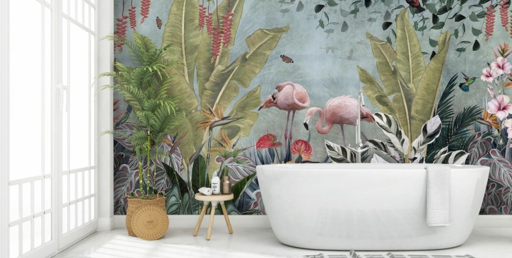 blue jungle wallpaper mural called Flamingos in the Jungle Blue at Wallsauce for bedrooms and bathrooms