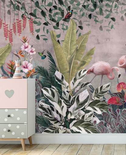 rosa jungel tapetmaleri kalt Flamingos in the Jungle Pink på Wallsauce for soverom, stuer og bad rosa jungel tapetmaleri kalt Flamingos in the Jungle Pink på Wallsauce for soverom, stuer og bad