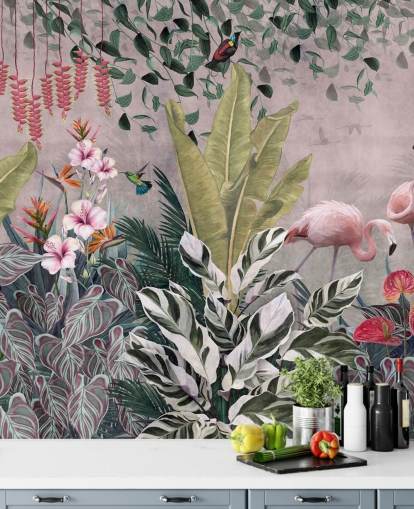 rosa jungel tapetmaleri kalt Flamingos in the Jungle Pink på Wallsauce for soverom, stuer og bad rosa jungel tapetmaleri kalt Flamingos in the Jungle Pink på Wallsauce for soverom, stuer og bad