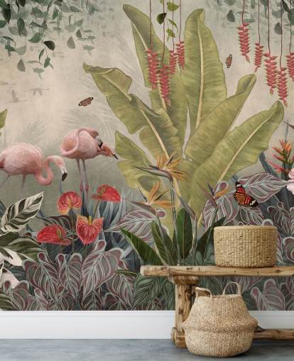 beige jungel veggmaleri kalt Flamingos in the Jungle at Wallsauce for soverom, stuer og ganger beige jungel veggmaleri kalt Flamingos in the Jungle at Wallsauce for soverom, stuer og ganger