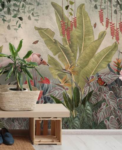 murale beige con giungla chiamato Flamingos in the Jungle at Wallsauce per camere da letto, salotti e corridoi murale beige con giungla chiamato Flamingos in the Jungle at Wallsauce per camere da letto, salotti e corridoi