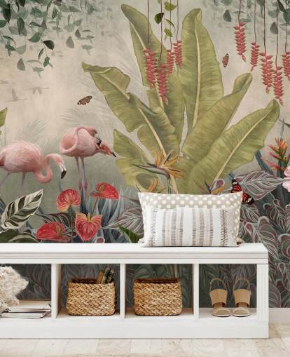 fresque murale beige de la jungle intitulée Flamingos in the Jungle at Wallsauce pour les chambres, les salons et les couloirs fresque murale beige de la jungle intitulée Flamingos in the Jungle at Wallsauce pour les chambres, les salons et les couloirs