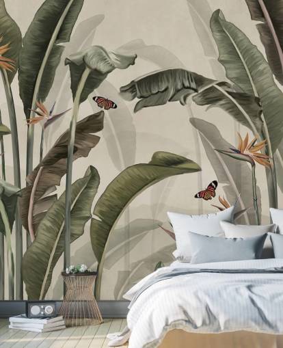 grønt palmetræstapet kaldet Palm Trees and Butterflies Green på Wallsauce til soveværelser, stuer og køkkener grønt palmetræstapet kaldet Palm Trees and Butterflies Green på Wallsauce til soveværelser, stuer og køkkener