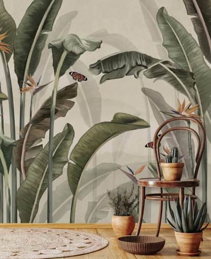 grønt palmetræstapet kaldet Palm Trees and Butterflies Green på Wallsauce til soveværelser, stuer og køkkener grønt palmetræstapet kaldet Palm Trees and Butterflies Green på Wallsauce til soveværelser, stuer og køkkener
