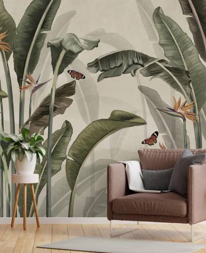 grön palm tapet kallad Palm Trees and Butterflies Green på Wallsauce för sovrum, vardagsrum och kök grön palm tapet kallad Palm Trees and Butterflies Green på Wallsauce för sovrum, vardagsrum och kök