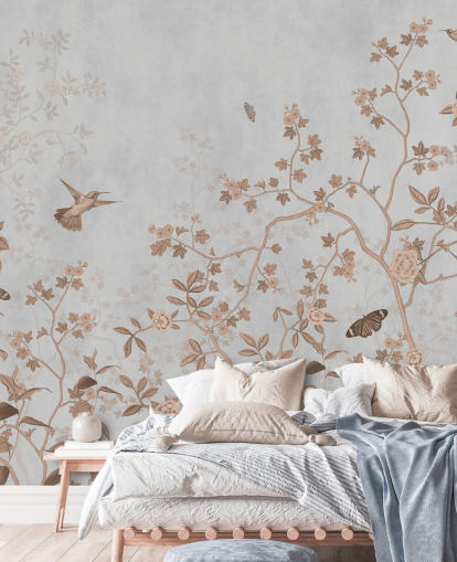 grå jungel tapetmaleri kalt Grey Birds and Butterflies på Wallsauce for ganger, bad og spiserom grå jungel tapetmaleri kalt Grey Birds and Butterflies på Wallsauce for ganger, bad og spiserom