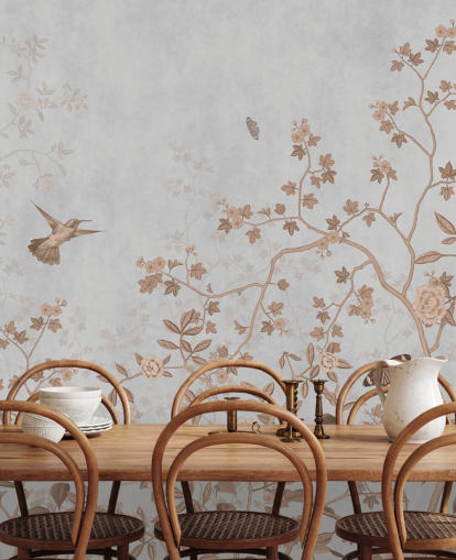 Graue Dschungel-Tapete mit dem Titel Grey Birds and Butterflies at Wallsauce für Flure, Badezimmer und Esszimmer Graue Dschungel-Tapete mit dem Titel Grey Birds and Butterflies at Wallsauce für Flure, Badezimmer und Esszimmer