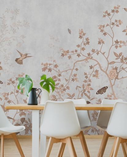 harmaa viidakon taustakuvamaalaus nimeltä Grey Birds and Butterflies Wallsaucessa käytäville, kylpyhuoneille ja ruokasaleille harmaa viidakon taustakuvamaalaus nimeltä Grey Birds and Butterflies Wallsaucessa käytäville, kylpyhuoneille ja ruokasaleille