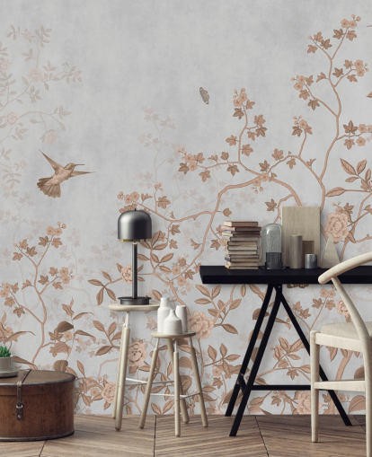 grå jungel tapetmaleri kalt Grey Birds and Butterflies på Wallsauce for ganger, bad og spiserom grå jungel tapetmaleri kalt Grey Birds and Butterflies på Wallsauce for ganger, bad og spiserom