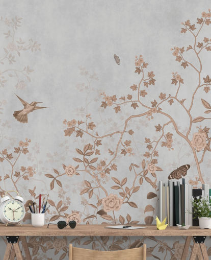 grey jungle wallpaper mural called Grey Birds and Butterflies at Wallsauce for hallways, bathrooms and dining rooms grey jungle wallpaper mural called Grey Birds and Butterflies at Wallsauce for hallways, bathrooms and dining rooms