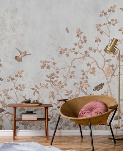 Graue Dschungel-Tapete mit dem Titel Grey Birds and Butterflies at Wallsauce für Flure, Badezimmer und Esszimmer Graue Dschungel-Tapete mit dem Titel Grey Birds and Butterflies at Wallsauce für Flure, Badezimmer und Esszimmer