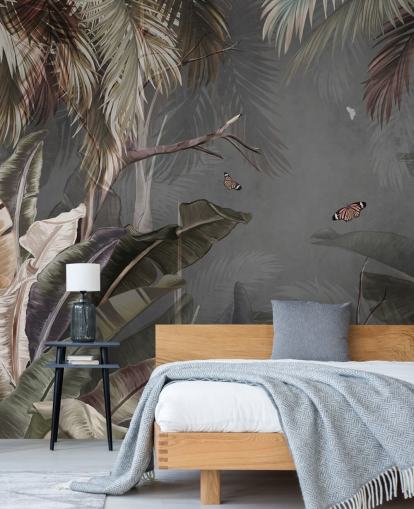 grå tropisk tapetmaleri kaldet Tropical Forest and Butterflies Grey på Wallsauce til soveværelser og stuer grå tropisk tapetmaleri kaldet Tropical Forest and Butterflies Grey på Wallsauce til soveværelser og stuer