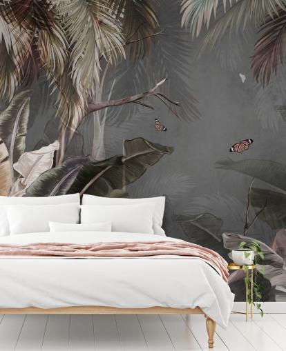 grått tropisk tapetmaleri kalt Tropical Forest and Butterflies Grey på Wallsauce for soverom og stuer grått tropisk tapetmaleri kalt Tropical Forest and Butterflies Grey på Wallsauce for soverom og stuer
