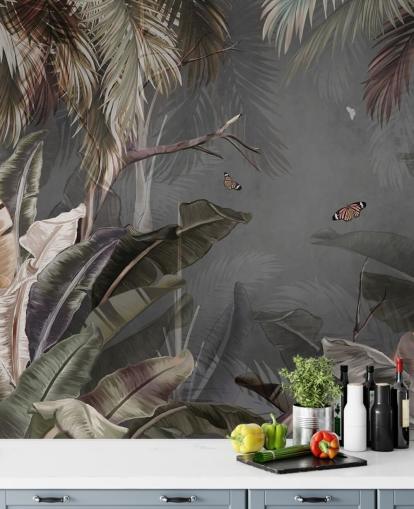 mural de papel pintado tropical gris llamado Bosque tropical y mariposas grises en Wallsauce para dormitorios y salas de estar mural de papel pintado tropical gris llamado Bosque tropical y mariposas grises en Wallsauce para dormitorios y salas de estar