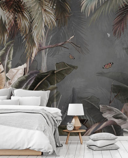 grå tropisk tapetmaleri kaldet Tropical Forest and Butterflies Grey på Wallsauce til soveværelser og stuer grå tropisk tapetmaleri kaldet Tropical Forest and Butterflies Grey på Wallsauce til soveværelser og stuer