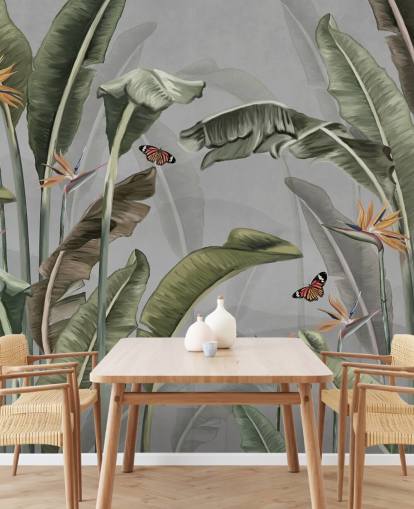 graue und grüne Dschungeltapete namens Palm Trees and Butterflies Grey in Wallsauce graue und grüne Dschungeltapete namens Palm Trees and Butterflies Grey in Wallsauce