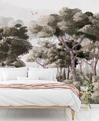 harmaa metsätaustakuvamaalaus nimeltä Vintage Forest Landscape Grey Wallsaucessa makuuhuoneisiin, keittiöihin ja toimistoihin harmaa metsätaustakuvamaalaus nimeltä Vintage Forest Landscape Grey Wallsaucessa makuuhuoneisiin, keittiöihin ja toimistoihin