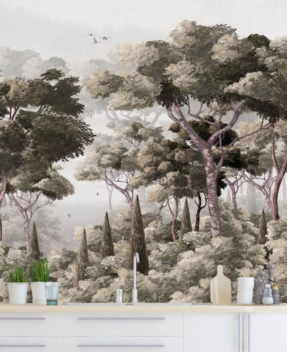 grå skog tapet veggmaleri kalt Vintage Forest Landscape Grey på Wallsauce for soverom, kjøkken og kontorer grå skog tapet veggmaleri kalt Vintage Forest Landscape Grey på Wallsauce for soverom, kjøkken og kontorer
