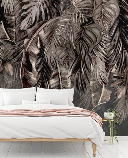 vægmaleri med sort blad kaldet Hanging Tropical Palm Trees Black på Wallsauce til soveværelser og køkkener vægmaleri med sort blad kaldet Hanging Tropical Palm Trees Black på Wallsauce til soveværelser og køkkener