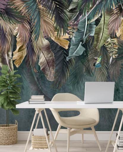 blått blad tapet veggmaleri kalt Hanging Tropical Palm Trees Blue for soverom, stuer og bad blått blad tapet veggmaleri kalt Hanging Tropical Palm Trees Blue for soverom, stuer og bad