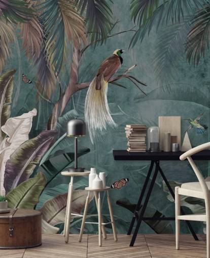 sininen viidakon taustakuvamaalaus nimeltä Jungle Birds and Butterflies Blue Wallsaucessa makuuhuoneisiin ja kylpyhuoneisiin sininen viidakon taustakuvamaalaus nimeltä Jungle Birds and Butterflies Blue Wallsaucessa makuuhuoneisiin ja kylpyhuoneisiin