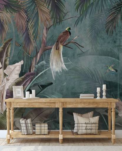 blue jungle wallpaper mural called Jungle Birds and Butterflies Blue at Wallsauce for bedrooms and bathrooms blue jungle wallpaper mural called Jungle Birds and Butterflies Blue at Wallsauce for bedrooms and bathrooms