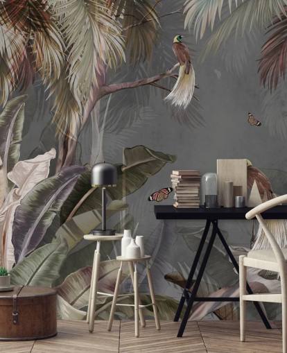 grey jungle wall mural called Jungle Birds and Butterflies Grey at Wallsauce for bathrooms, kitchens and living rooms grey jungle wall mural called Jungle Birds and Butterflies Grey at Wallsauce for bathrooms, kitchens and living rooms