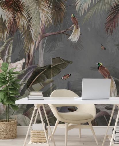 grey jungle wall mural called Jungle Birds and Butterflies Grey at Wallsauce for bathrooms, kitchens and living rooms grey jungle wall mural called Jungle Birds and Butterflies Grey at Wallsauce for bathrooms, kitchens and living rooms